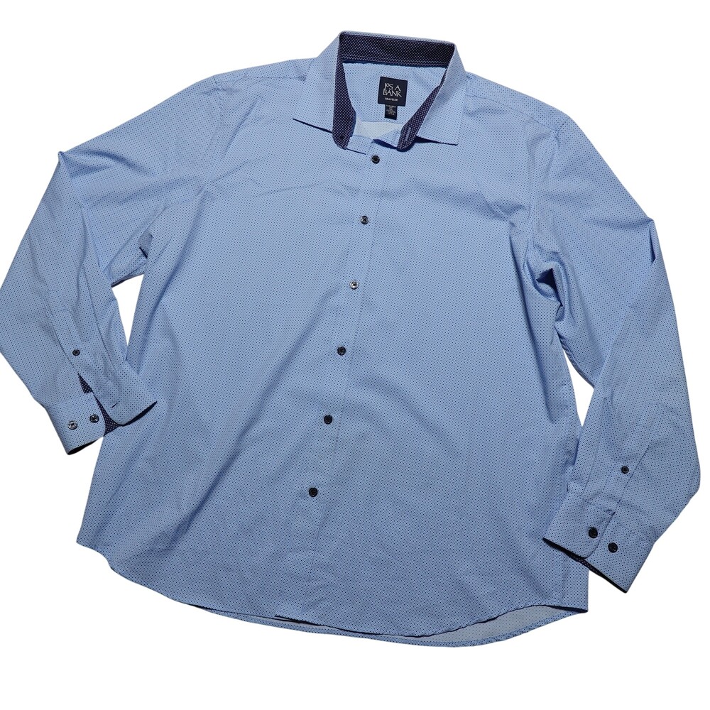 Jos A Bank Traveler Shirt Mens XL Blue Polka Dot Tailored Fit Stretch Dress